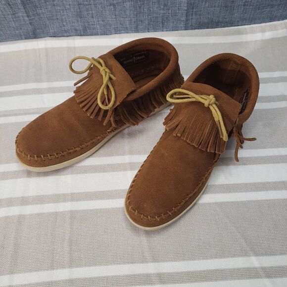 Minnetonka Venice Suede Leather Boho Fringe Bootie Hard SoleBrown Women’s 7 - Picture 1 of 11